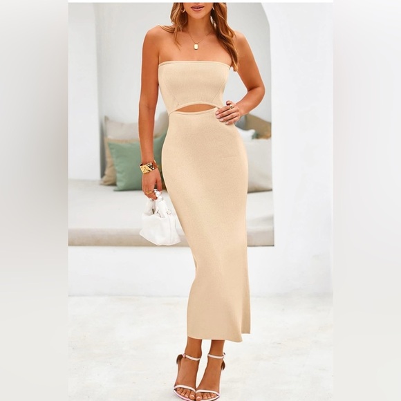 Dresses & Skirts - Women's Summer Midi Bodycon Dress Strapless Cut Out Knit Tube Long Fitted
8043